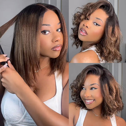 Klaiyi Ombre Chestnut Brown Yaki Straight Put On and Go Glueless Wig 7x5 Bye Bye Knots And 13x4 Lace Frontal Human Hair Wigs with Invisi Drawstring