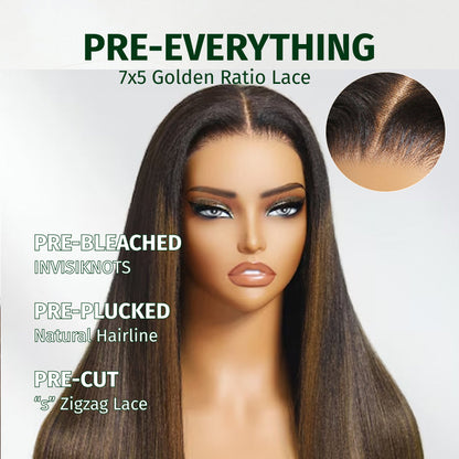 Klaiyi Ombre Chestnut Brown Yaki Straight Put On and Go Glueless Wig 7x5 Bye Bye Knots And 13x4 Lace Frontal Human Hair Wigs with Invisi Drawstring