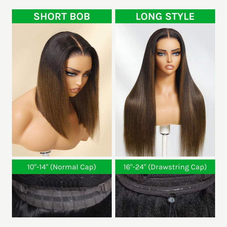 Klaiyi Ombre Chestnut Brown Yaki Straight Put On and Go Glueless Wig 7x5 Bye Bye Knots And 13x4 Lace Frontal Human Hair Wigs with Invisi Drawstring