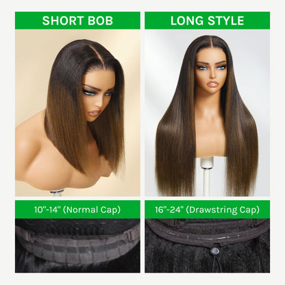 Klaiyi Ombre Chestnut Brown Yaki Straight Put On and Go Glueless Wig 7x5 Bye Bye Knots And 13x4 Lace Frontal Human Hair Wigs with Invisi Drawstring