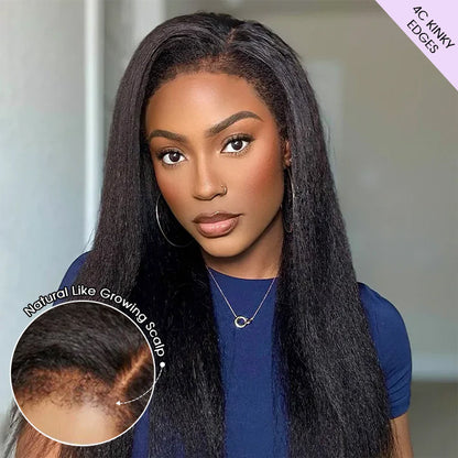 Glueless 4C Kinky Edge Hairline Kinky Straight Human Hair Wigs Pre Cut Lace 8x5 13x4 360 HD Lace Frontal Wigs 220% Density