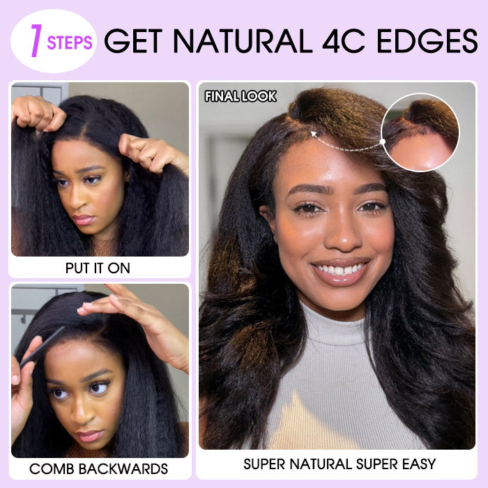 Glueless 4C Kinky Edge Hairline Kinky Straight Human Hair Wigs Pre Cut Lace 8x5 13x4 360 HD Lace Frontal Wigs 220% Density