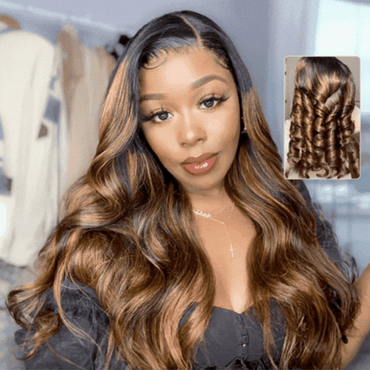 Balayage Brown Highlight 3D Body Wave 13x4 Lace Front Invisi Drawstring Put On and Go Glueless Lace Wig Flash Sale