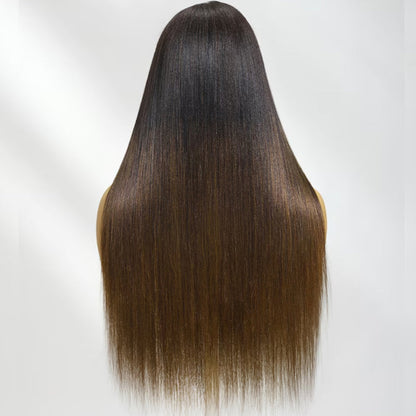 Klaiyi Ombre Chestnut Brown Yaki Straight Put On and Go Glueless Wig 7x5 Bye Bye Knots And 13x4 Lace Frontal Human Hair Wigs with Invisi Drawstring