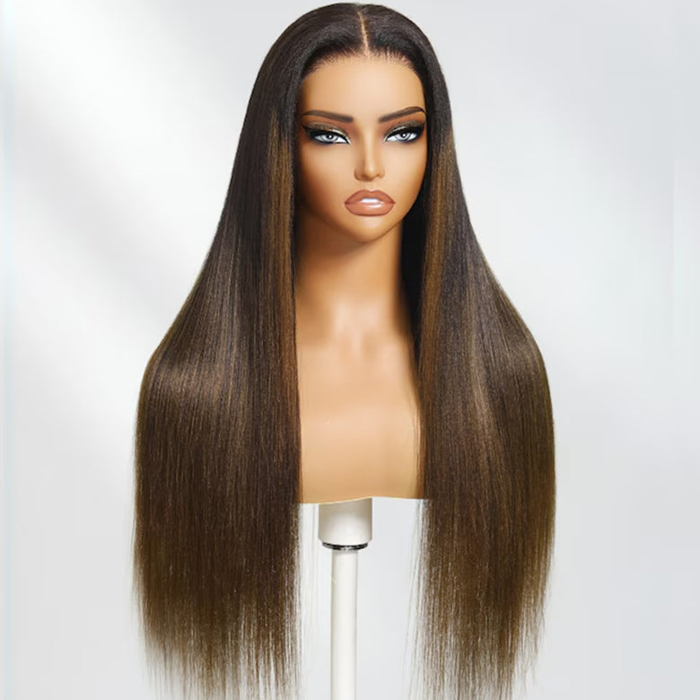 Klaiyi Ombre Chestnut Brown Yaki Straight Put On and Go Glueless Wig 7x5 Bye Bye Knots And 13x4 Lace Frontal Human Hair Wigs with Invisi Drawstring