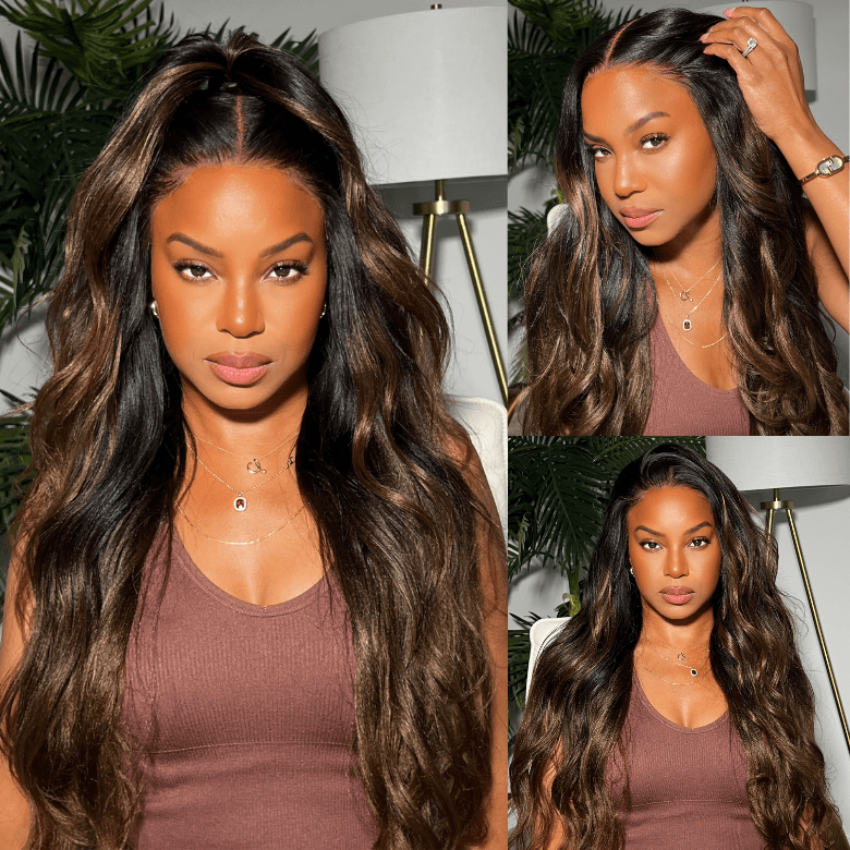 Klaiyi Ombre Chestnut Brown Yaki Straight Put On and Go Glueless Wig 7x5 Bye Bye Knots And 13x4 Lace Frontal Human Hair Wigs with Invisi Drawstring