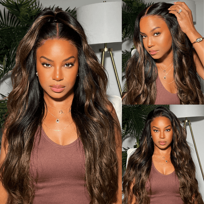 Klaiyi Ombre Chestnut Brown Yaki Straight Put On and Go Glueless Wig 7x5 Bye Bye Knots And 13x4 Lace Frontal Human Hair Wigs with Invisi Drawstring