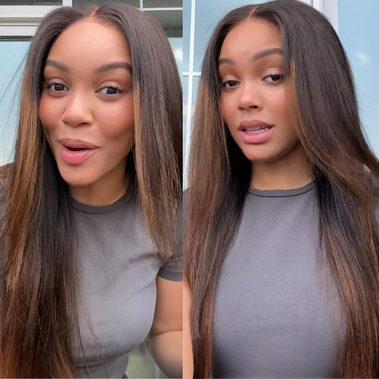 Klaiyi Ombre Chestnut Brown Yaki Straight Put On and Go Glueless Wig 7x5 Bye Bye Knots And 13x4 Lace Frontal Human Hair Wigs with Invisi Drawstring
