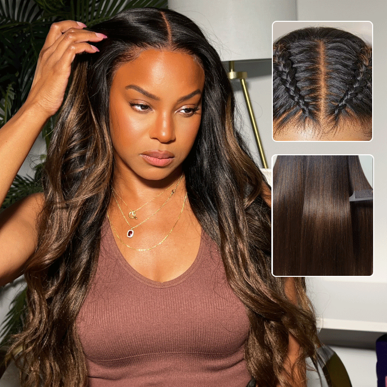 Klaiyi Ombre Chestnut Brown Yaki Straight Put On and Go Glueless Wig 7x5 Bye Bye Knots And 13x4 Lace Frontal Human Hair Wigs with Invisi Drawstring