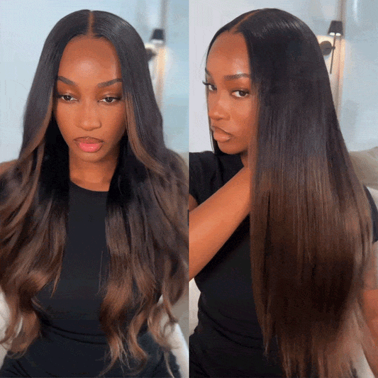 Klaiyi Ombre Chestnut Brown Yaki Straight Put On and Go Glueless Wig 7x5 Bye Bye Knots And 13x4 Lace Frontal Human Hair Wigs with Invisi Drawstring