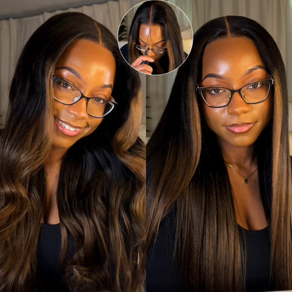 Klaiyi Ombre Chestnut Brown Yaki Straight Put On and Go Glueless Wig 7x5 Bye Bye Knots And 13x4 Lace Frontal Human Hair Wigs with Invisi Drawstring