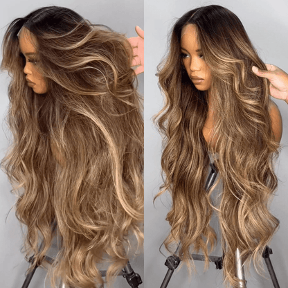 Highlight Blonde Color 13×4 / 4×4 Lace Long Wavy Human Hair Wigs Ombre Blonde Balayage Lace Front Wigs