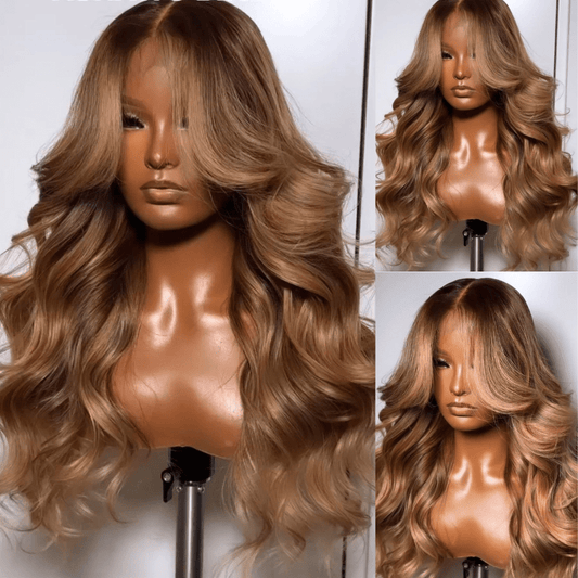 Geeta Dark Brown Curtain Bangs 13x4 Lace Front Wig Brown with Blonde Highlights Lace Front Human Hair Wigs