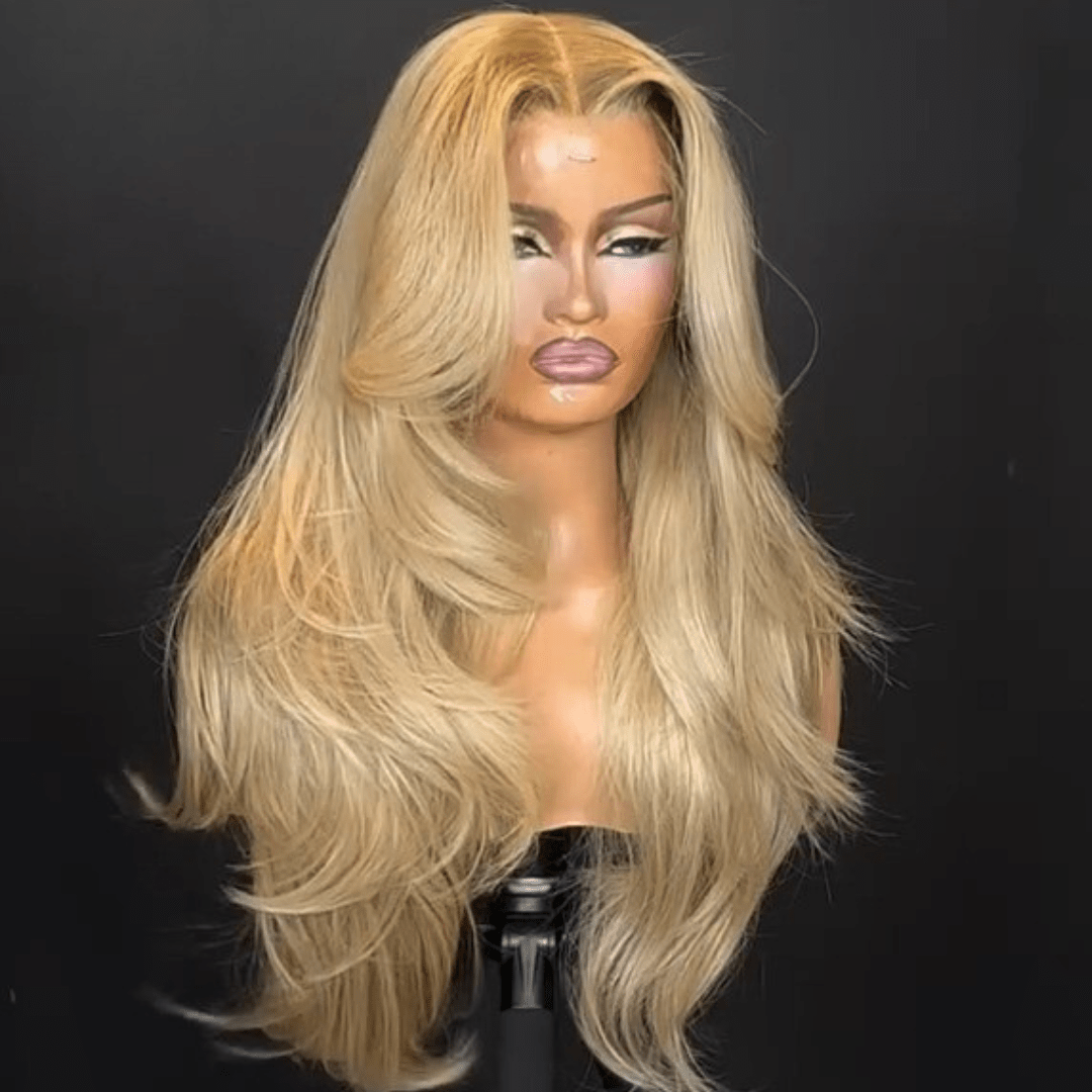 Long Wavy 13x4 Lace Front Golden Blonde Wigs With Bangs Natural Wavy Glueless Wigs Pre Plucked 250% Density Daily Deal