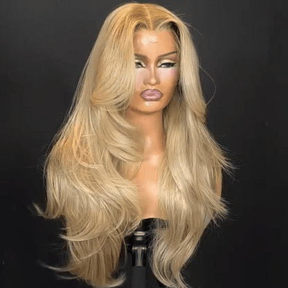 Long Wavy 13x4 Lace Front Golden Blonde Wigs With Bangs Natural Wavy Glueless Wigs Pre Plucked 250% Density Daily Deal