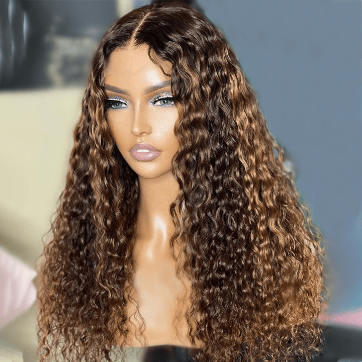 Geeta Honey Blonde Highlight Spanish Curly HD Lace Front Wig Glueless Curly Human Hair Wigs Highlights Brown Wig