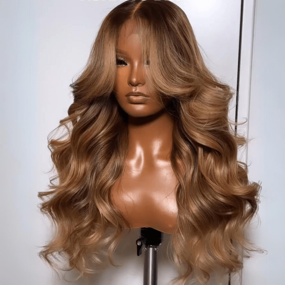 Geeta Dark Brown Curtain Bangs 13x4 Lace Front Wig Brown with Blonde Highlights Lace Front Human Hair Wigs