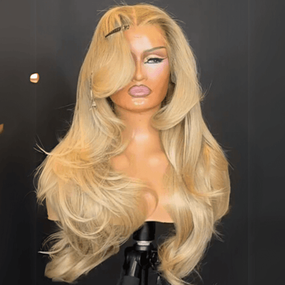 Long Wavy 13x4 Lace Front Golden Blonde Wigs With Bangs Natural Wavy Glueless Wigs Pre Plucked 250% Density Daily Deal