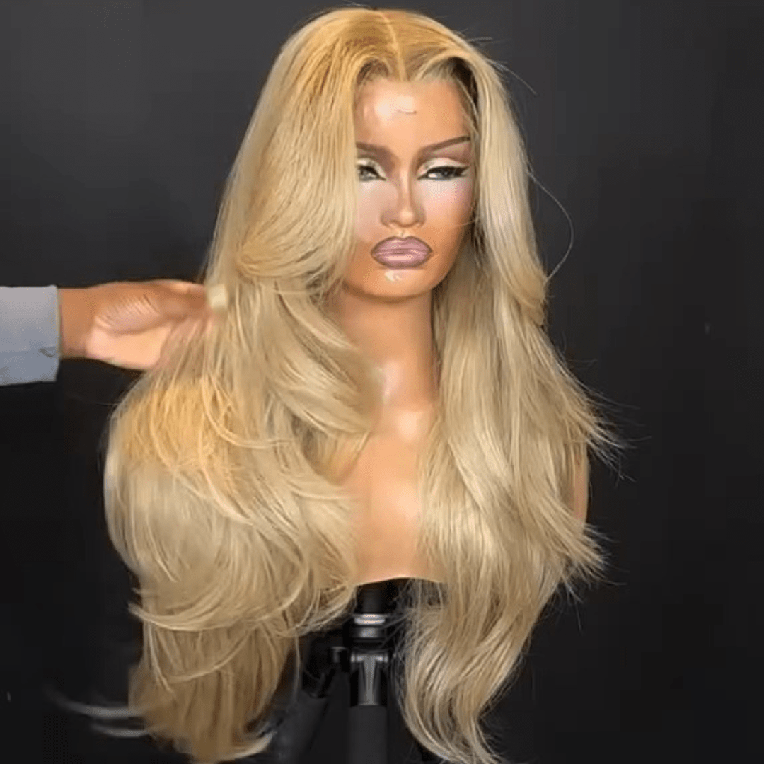 Long Wavy 13x4 Lace Front Golden Blonde Wigs With Bangs Natural Wavy Glueless Wigs Pre Plucked 250% Density Daily Deal