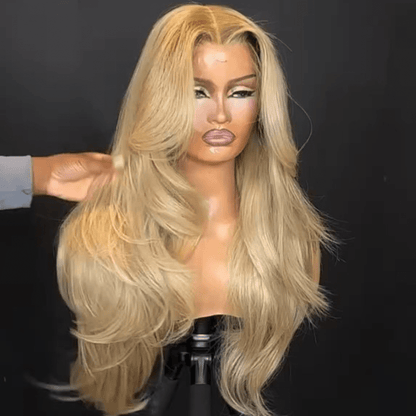 Long Wavy 13x4 Lace Front Golden Blonde Wigs With Bangs Natural Wavy Glueless Wigs Pre Plucked 250% Density Daily Deal