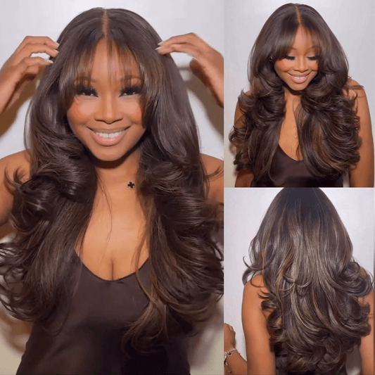 Full 300% Density Highlights Brown Loose Body Wave Wig With Bangs Glueless Wigs Human Hair