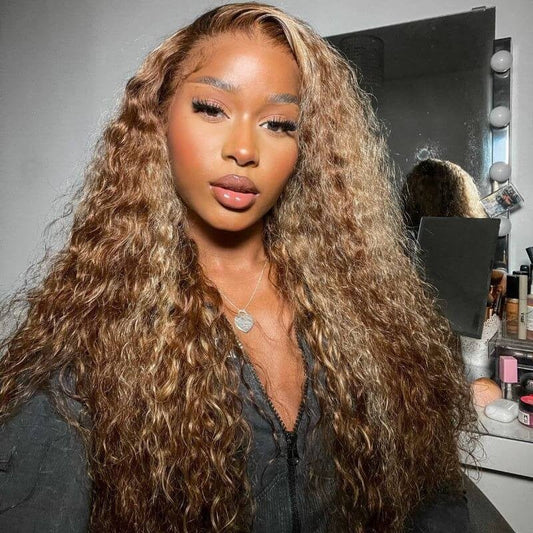 Honey Blonde Highlight Water Wave 13x4 Lace Front / 6x4 Pre Cut Lace Human Hair Lace Wig For Women
