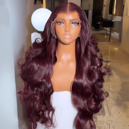 99J Burgundy Glueless Wigs 3D Body Wave Red Colored Lace Front Wigs Pre Plecked Daily Deal
