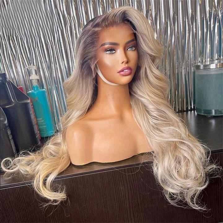 Geeta Highlight Ash Blonde Body Wave Lace Front Wig #613 Color Human Hair Wigs With Dark Roots
