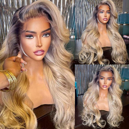 Geeta Highlight Ash Blonde Body Wave Lace Front Wig #613 Color Human Hair Wigs With Dark Roots