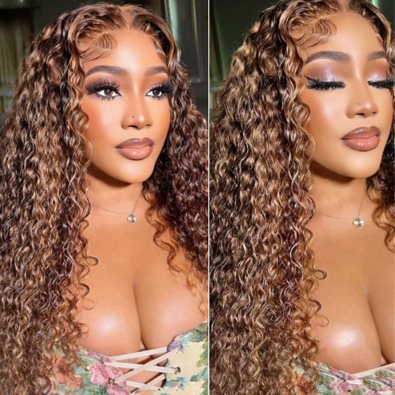 Geeta Honey Blonde Highlight Spanish Curly HD Lace Front Wig Glueless Curly Human Hair Wigs Highlights Brown Wig