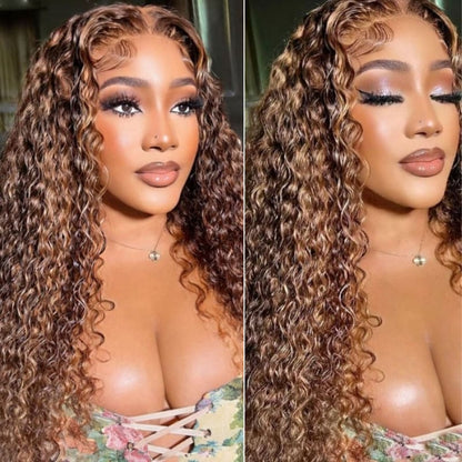 Geeta Honey Blonde Highlight Spanish Curly HD Lace Front Wig Glueless Curly Human Hair Wigs Highlights Brown Wig