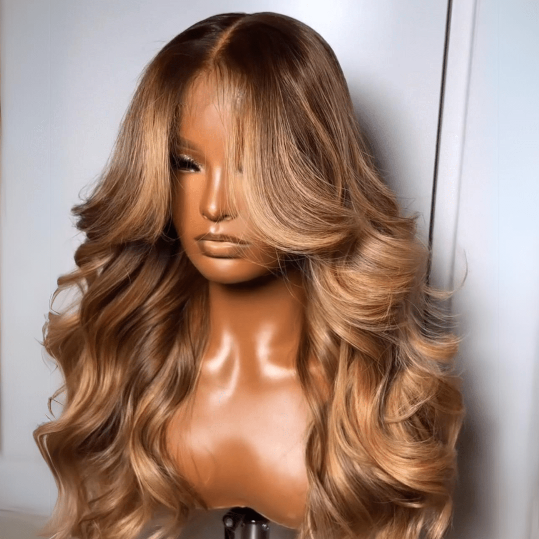 Geeta Dark Brown Curtain Bangs 13x4 Lace Front Wig Brown with Blonde Highlights Lace Front Human Hair Wigs