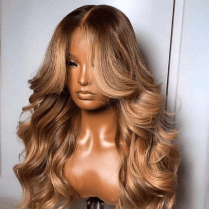 Geeta Dark Brown Curtain Bangs 13x4 Lace Front Wig Brown with Blonde Highlights Lace Front Human Hair Wigs
