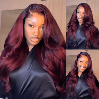 99J Burgundy Glueless Wigs 3D Body Wave Red Colored Lace Front Wigs Pre Plecked