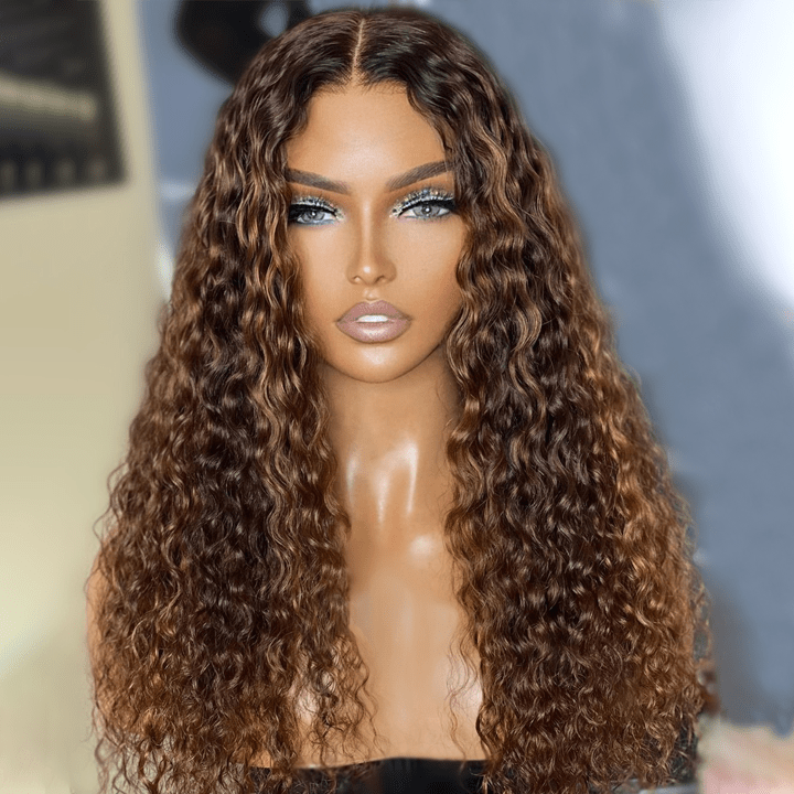 Geeta Honey Blonde Highlight Spanish Curly HD Lace Front Wig Glueless Curly Human Hair Wigs Highlights Brown Wig