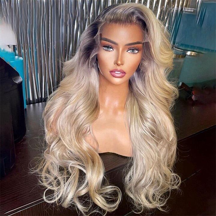 Geeta Highlight Ash Blonde Body Wave Lace Front Wig #613 Color Human Hair Wigs With Dark Roots