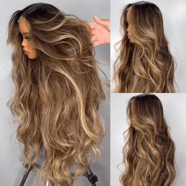 Highlight Blonde Color 13×4 / 4×4 Lace Long Wavy Human Hair Wigs Ombre Blonde Balayage Lace Front Wigs