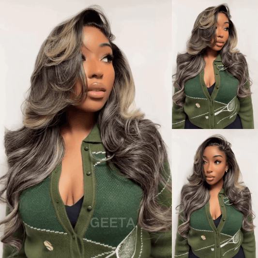 Brown Mixed Golden Color Long Wavy Human Hair Wigs Ombre Brown Balayage Highlight Lace Front Wigs