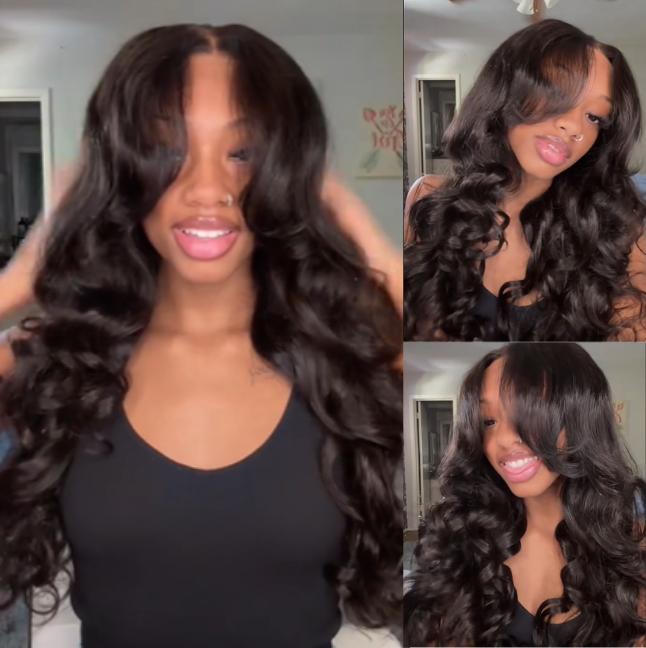 Geeta Pre-Cut Lace Put On And Go Glueless Wig 13x4 Loose Body Wave Lace Front Wigs with Curtain Bangs 180% Density