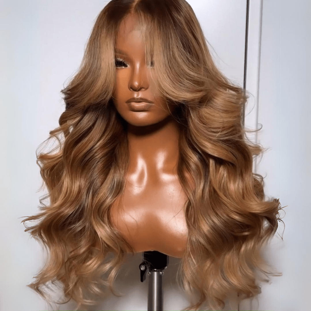 Geeta Dark Brown Curtain Bangs 13x4 Lace Front Wig Brown with Blonde Highlights Lace Front Human Hair Wigs