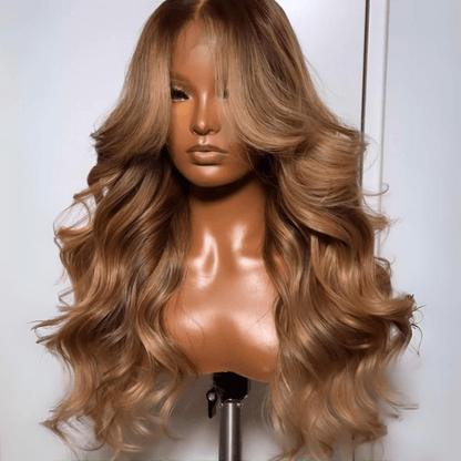 Geeta Dark Brown Curtain Bangs 13x4 Lace Front Wig Brown with Blonde Highlights Lace Front Human Hair Wigs