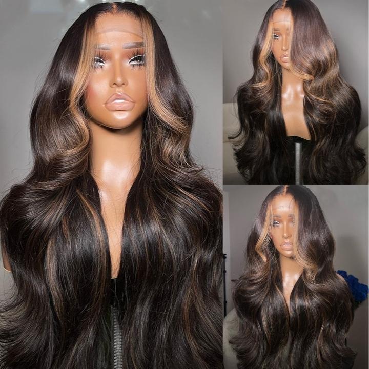 Money Piece Brown Body Wave Transparent Lace Front Wigs Glueless Skunk Stripe Color Human Hair Wigs Daily Deal
