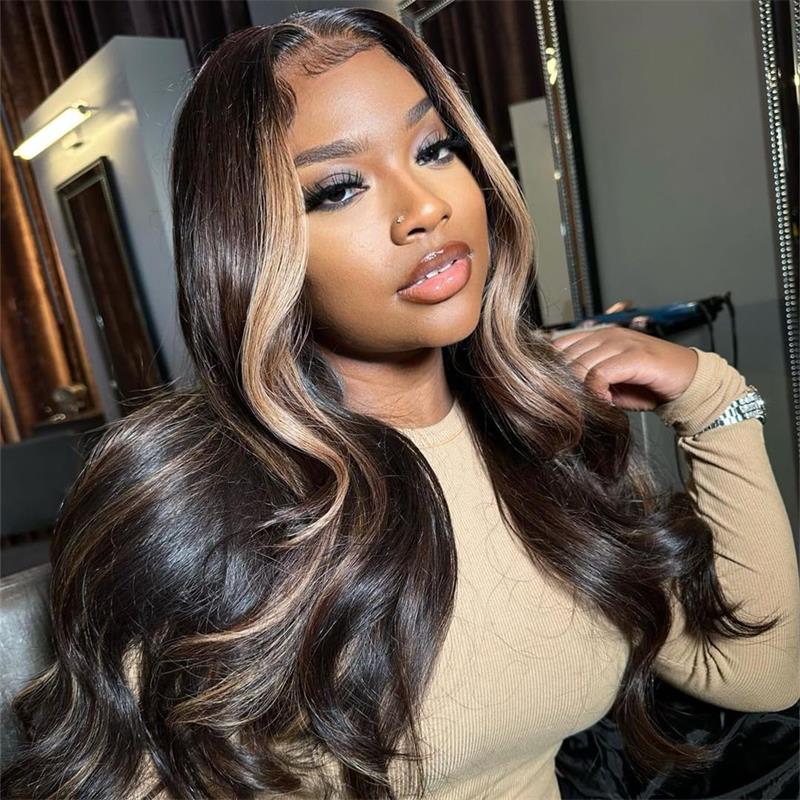 Money Piece Brown Body Wave HD Transparent Lace Front Wigs Glueless Skunk Stripe Color Human Hair Wigs