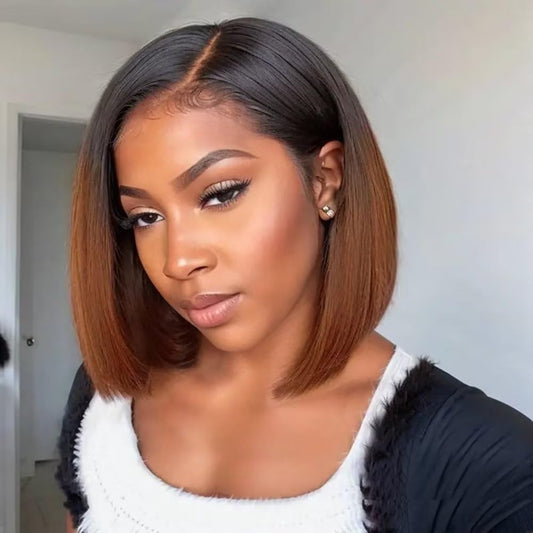 Ombre 1B/30 Brown Short Bob Glueless Wig Straight 13x4 HD Lace Front Human Hair Wigs Flash Sale