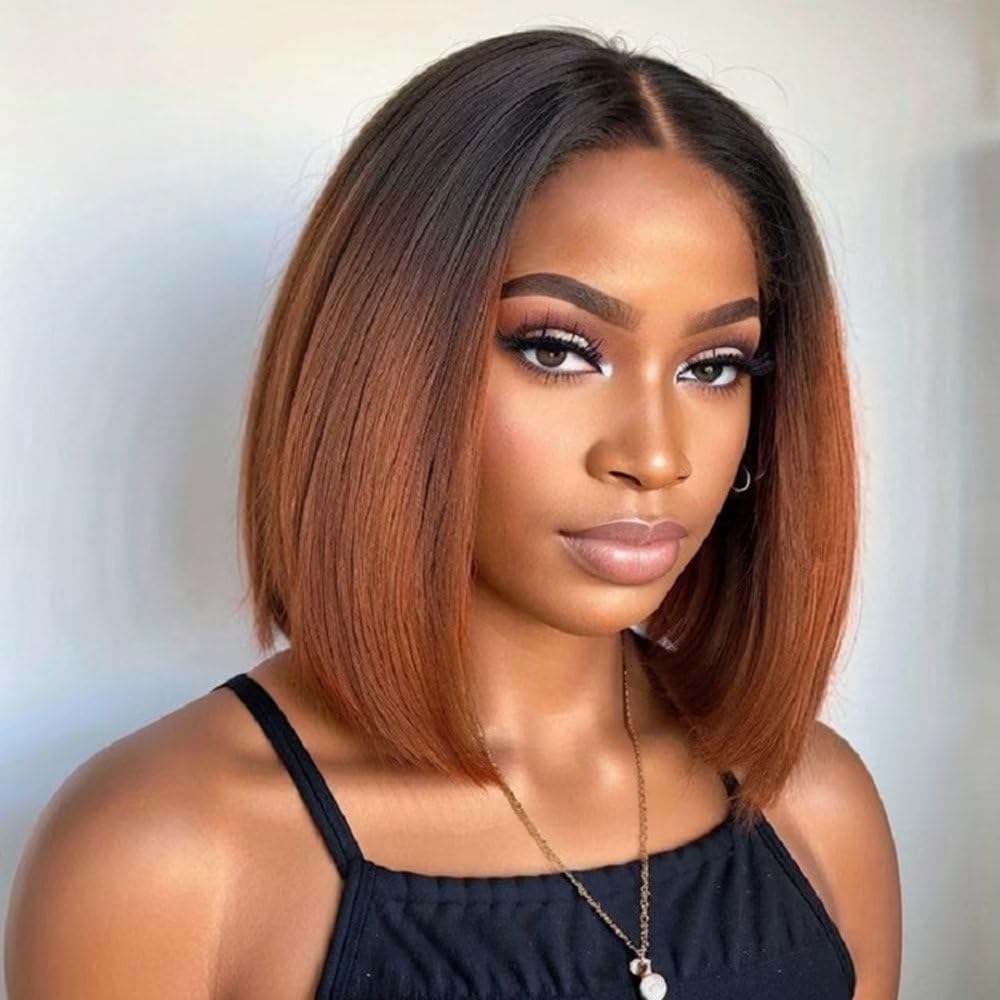 Ombre 1B/30 Brown Short Bob Glueless Wig Straight 13x4 HD Lace Front Human Hair Wigs Flash Sale