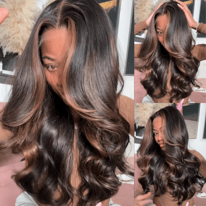 Money Piece Brown Body Wave HD Transparent Lace Front Wigs Glueless Skunk Stripe Color Human Hair Wigs