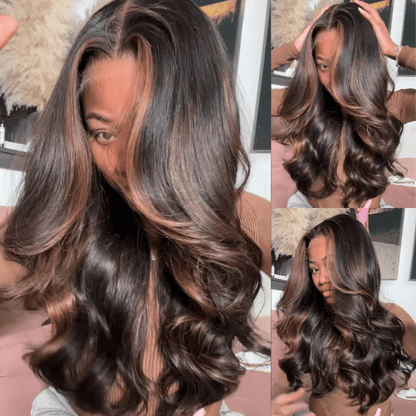 Money Piece Brown Body Wave Transparent Lace Front Wigs Glueless Skunk Stripe Color Human Hair Wigs Daily Deal