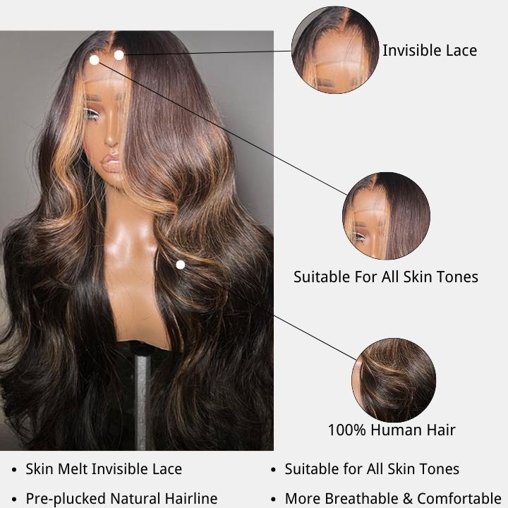 Money Piece Brown Body Wave Transparent Lace Front Wigs Glueless Skunk Stripe Color Human Hair Wigs Daily Deal