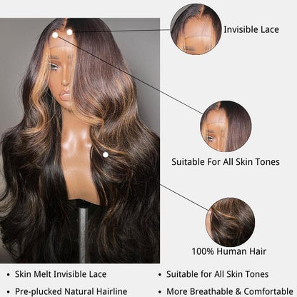 Money Piece Brown Body Wave Transparent Lace Front Wigs Glueless Skunk Stripe Color Human Hair Wigs Daily Deal