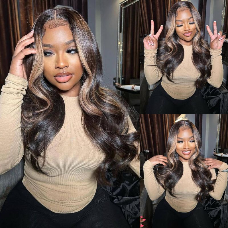 Money Piece Brown Body Wave Transparent Lace Front Wigs Glueless Skunk Stripe Color Human Hair Wigs Daily Deal